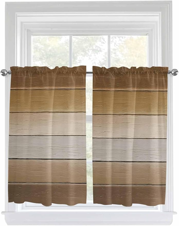 Vintage Brown Gradient Wood Grain Window Valance Curtains, Farmhouse Wood Barn Light Filtering Kitchen Valance with 3-inch Rod Pocket for Living Room Bathroom Bedroom,2 Panel,42x54In