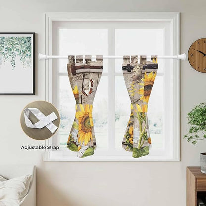 Farmhouse Sunflowers Bedroom Curtains 63 Inch Length, Window Curtains Tab Top, Rustic Barn Doors Flowers Butterfly Wooden Light Filtering Window Treatments Drapes 42"x63" 2 Panel