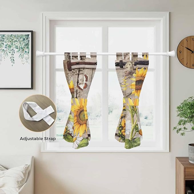 Farmhouse Sunflowers Kitchen Curtains 45 Inch Length, Short Cafe Window Curtains Tab Top, Rustic Barn Doors Flowers Butterfly Wooden Light Filtering Window Treatments Tier Drapes 27.5"x45" 2 Panel
