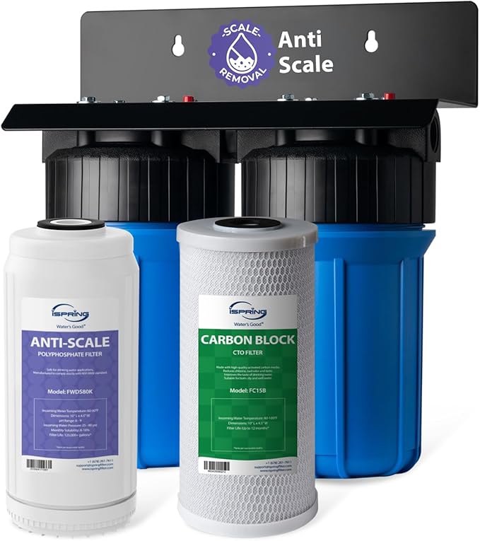 iSpring Anti-Scale Whole House Water Filter System, Reduces up to 99% Chlorine, Odor, and Sediments, 2-Stage Water Descaler and Whole House Water Filter, 1" Inlet/Outlet, Model: WGB21B-DS