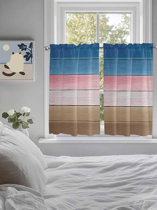 Blue Pink Brown Gradient Wood Grain Window Valance Curtains, Vintage Wood Board Light Filtering Kitchen Valance with 3-inch Rod Pocket for Living Room Bathroom Bedroom,2 Panel,42x45In