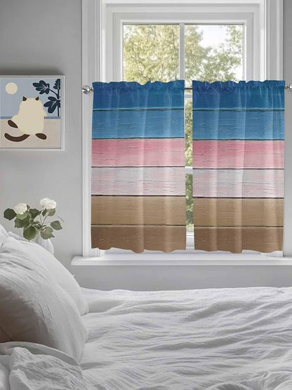Blue Pink Brown Gradient Wood Grain Window Valance Curtains, Vintage Wood Board Light Filtering Kitchen Valance with 3-inch Rod Pocket for Living Room Bathroom Bedroom,2 Panel,27.5x45In