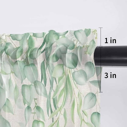 Green Leaf Sheer Valance Curtains, Eucalyptus Leaves Vintage Linen Texture Spring Plant Light Filtering Kitchen Valances Rod Pocket Voile Curtain Treatment for Bedroom/Living Room/Basement 42Wx12L