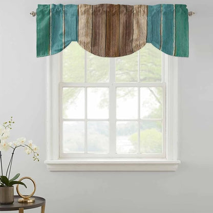 Teal Blue Brown Tie Up Valance Curtains for Windows, Kitchen Curtains Window Shades, Farmhouse Retro Wooden Grain Stripes Light Filtering Roman Curtain Valances for Bedroom/Bathroom/Cafe 54"x18"