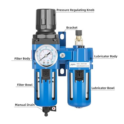 NANPU 3/4" NPT Compressed Air Filter Regulator Lubricator Combo, Water/Oil Trap Separator - Gauge(0-150 psi), Poly Bowl, Manual Drain, Bracket - AC4010-06M