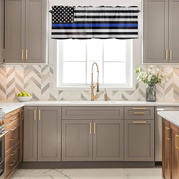 American Flag Valances for Windows, Blue Line Star Black White Stripes Wood Grain Kitchen Valance Light Filtering Rod Pocket Short Curtains for Kitchen Bathroom, 1 Panel, 42"x18"