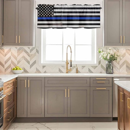 American Flag Valances for Windows, Blue Line Star Black White Stripes Wood Grain Kitchen Valance Light Filtering Rod Pocket Short Curtains for Kitchen Bathroom, 1 Panel, 42"x18"