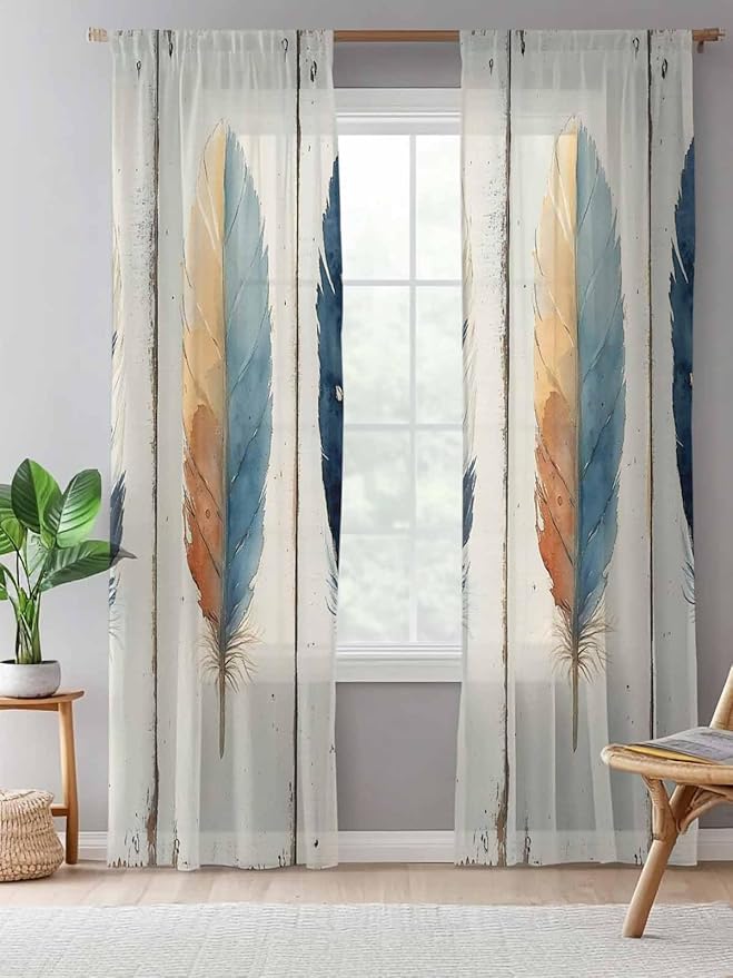 Sheer Curtains 108 Inches Long, Blue Brown Feathers Semi Sheer Curtains Light Filtering Window Treatment, Boho Ombre Vintage Wooden Grain Privacy Voile Drapes for Living Room Bedroom 52x108 Inch