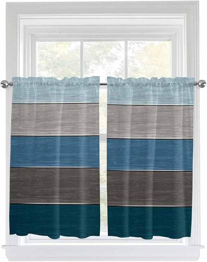 Retro Farm Blue Gray Wood Grain Window Valance Curtains, Rustic Wooden Plank Light Filtering Kitchen Valance with 3-inch Rod Pocket for Living Room Bathroom Bedroom,2 Panel,52x54In
