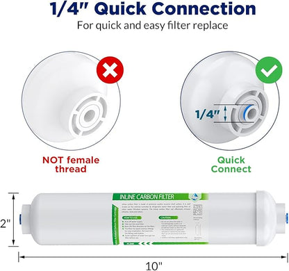 Membrane Solutions T33 Inline Water Filter, 2-Pack 1/4" Quick-Connect Replacement Cartridges for Refrigerator & Ice Maker, Post-Carbon Filter for Reverse Osmosis Systems, Push-to-Connect