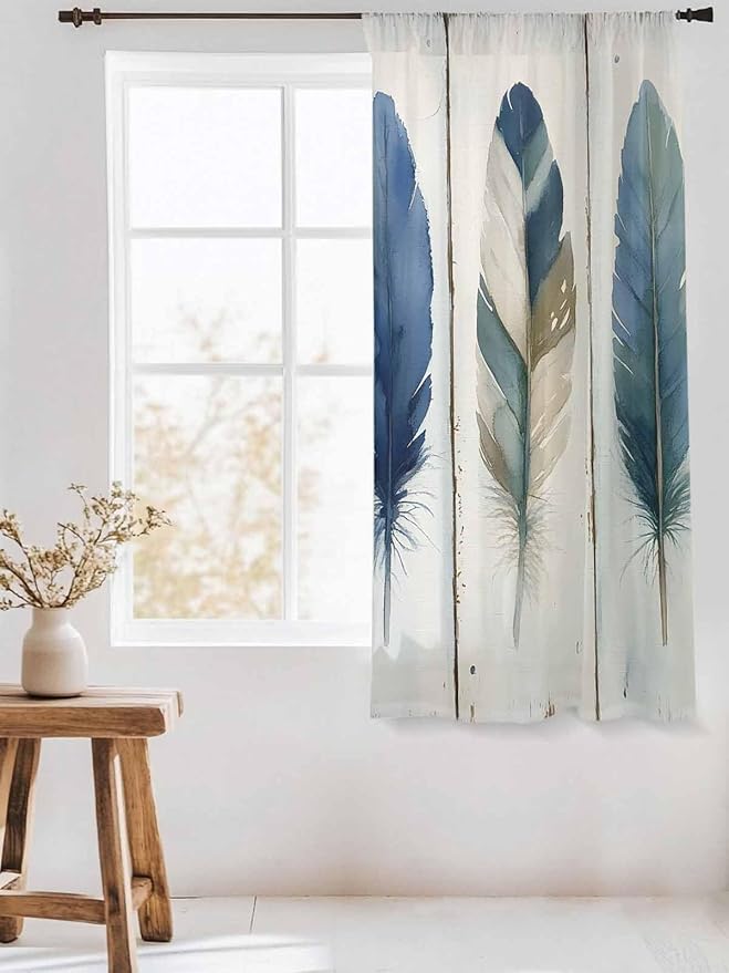 Sheer Curtains 63 Inch Length, Boho Blue Feathers Semi Sheer Curtains Light Filtering Window Treatment, Farmhouse Vintage Wooden Grain Privacy Voile Drapes for Living Room Bedroom 52x63 Inch