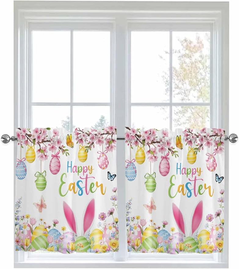 Happy Easter Half Window Curtains 24 Inches Long, Spring Watercolor Bunny Eggs Flower Branch Window Treatment Curtain Drapes, Short Curtains Tiers for Kitchen Over Sink, 27.5"x24", 2 Panels