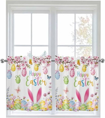 Happy Easter Half Window Curtains 24 Inches Long, Spring Watercolor Bunny Eggs Flower Branch Window Treatment Curtain Drapes, Short Curtains Tiers for Kitchen Over Sink, 27.5"x24", 2 Panels