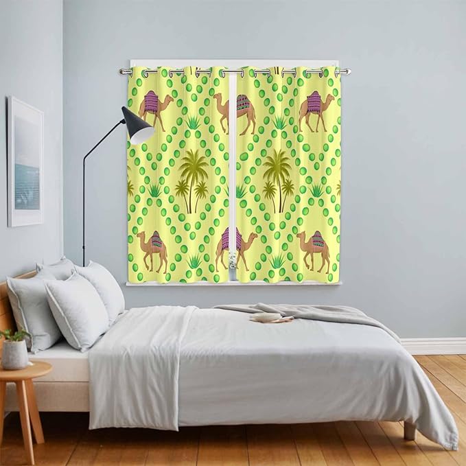 2 Panel Kitchen Cafe Curtains, Desert Sand Camels Sunlight Filtering Nature Air Through, Window Decor Tier Curtains for Living Room 80W x 63L inch Palm Trees Tropical Plants Polka Dot Yellow