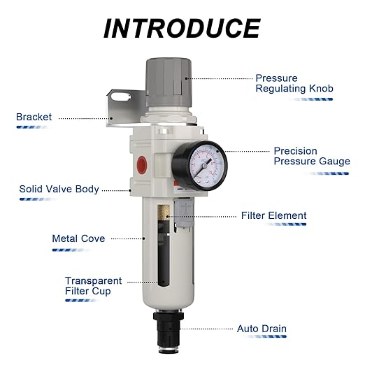 3/8"NPT Air Filter Regulator Combo Piggyback,5 Micron Brass Element, Auto Drain,Air Pressure Regulator AW3000-03,0-150 psi Gauge