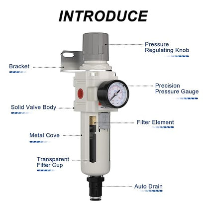 3/8"NPT Air Filter Regulator Combo Piggyback,5 Micron Brass Element, Auto Drain,Air Pressure Regulator AW3000-03,0-150 psi Gauge