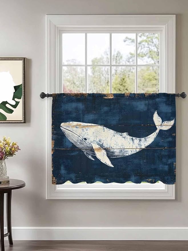 Sheer Curtains 45 Inch Length, Ocean Whale Blue Semi Sheer Curtains Light Filtering Window Treatment, Coastal Vintage Wooden Grain Privacy Voile Drapes for Living Room Bedroom 52x45 Inch