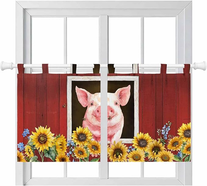 Pigs Sunflowers Kitchen Curtains 36 Inch Length, Small Window Curtains Tab Top, Farmhouse Red Barn Flowers Animals Light Filtering Short Window Treatments Tier Drapes 27.5"x36" 2 Panel