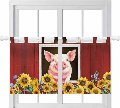 Pigs Sunflowers Kitchen Curtains 36 Inch Length, Small Window Curtains Tab Top, Farmhouse Red Barn Flowers Animals Light Filtering Short Window Treatments Tier Drapes 27.5"x36" 2 Panel