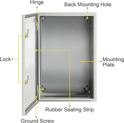 VEVOR NEMA Steel Enclosure, 24 x 16 x 10'' NEMA 4X Steel Electrical Box, IP66 Waterproof & Dustproof, Outdoor/Indoor Electrical Junction Box, with Mounting Plate