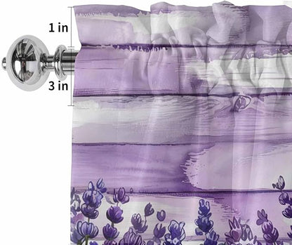 Kitchen Valances for Window, Retro Lavender on Farm Wood Grain Light Filtering Rod Pocket Valance Curtain, Watercolor Purple Flowers Short Curtains Window Topper for Bedroom Living Room 42x12in
