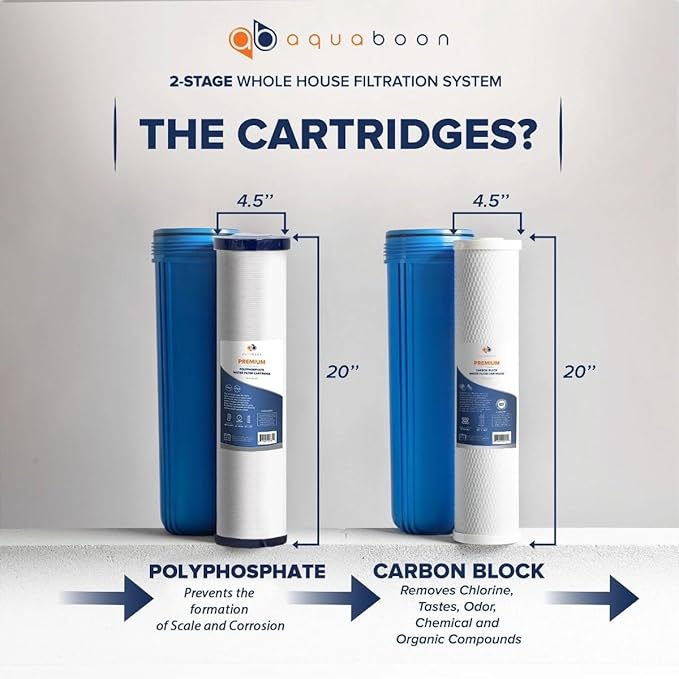 Aquaboon 2-Stage Whole House Water Filter System with Prefilter & Big CTO, Anti-Scale/Sediment, Gauge & Release, Wrench, Freestanding Frame