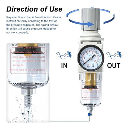 AIRZOE 1/4"NPT Air Filter Regulator Combo Piggyback,5 Micron Brass Element, Semi-Auto Drain,Air Pressure Regulator AW2000-02,0-150 psi Gauge