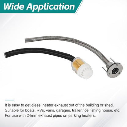 24mm Stainless Steel Exhaust Pipe Air Intake Filter and Pipe Double Wall Through the wall Connector Fitting Exhaust Wall Flange Port Socket for Diesel Parking Heater Install on RV, Greenhouse, Garages