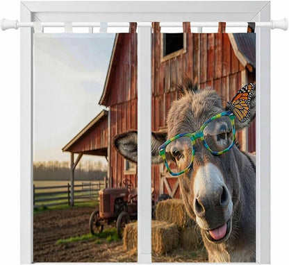 Farm Donkeys Bathroom Curtains 63 Inch Length, Window Curtains Tab Top, Farmhouse Barn Funny Animals Butterfly Light Filtering Window Treatments Drapes 52"x63" 2 Panel