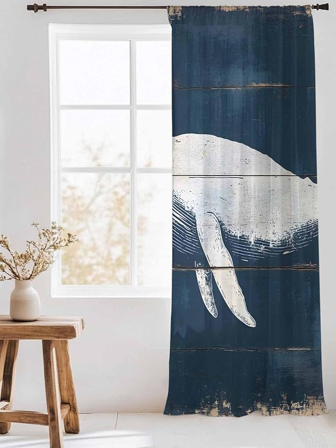 Sheer Curtains 84 Inches Long, Ocean Whale Blue Semi Sheer Curtains Light Filtering Window Treatment, Watercolor Coastal Vintage Wood Grain Privacy Voile Drapes for Living Room Bedroom 52x84 Inch