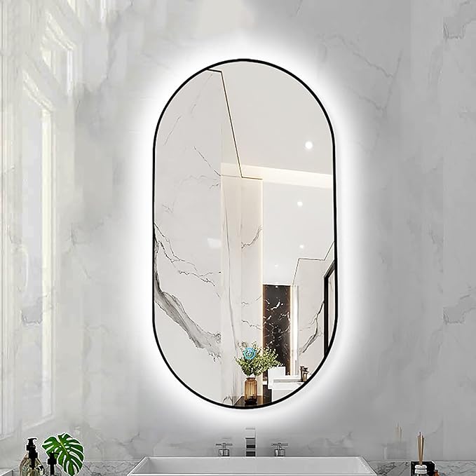 Oval LED Illuminated Bathroom Mirror, Wall-mounted Vanity Makeup Mirror with Demister Pad, 3 Dimmable Color Temperatures & Touch Control, Metal Frame Anti-Fog Lighted Wall Mirror ( Color : Black Frame