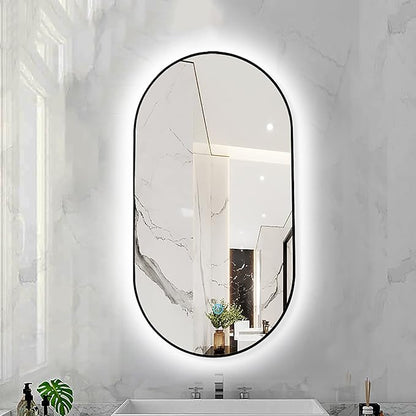 Oval LED Illuminated Bathroom Mirror, Wall-mounted Vanity Makeup Mirror with Demister Pad, 3 Dimmable Color Temperatures & Touch Control, Metal Frame Anti-Fog Lighted Wall Mirror ( Color : Black Frame
