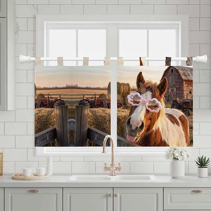 Farm Horses Kitchen Curtains 36 Inch Length, Small Window Curtains Tab Top, Farmhouse Barn Funny Animals Butterfly Light Filtering Short Window Treatments Tier Drapes 27.5"x36" 2 Panel