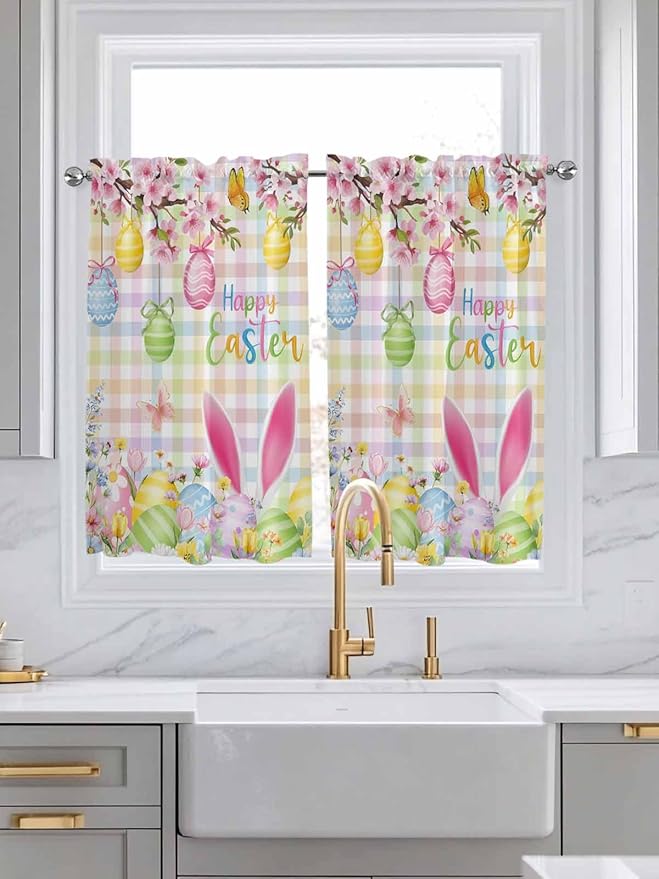 Happy Easter Kitchen Curtains 54 Inches Length, Spring Bunny Colorful Eggs Flower Plaid Window Treatment Curtain Drapes, Thermal Insulated Drapes for Basement Hotel RV, 42"x54", 2 Panels