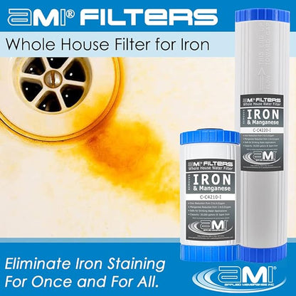 APPLIED MEMBRANES INC. Whole House Water Filter Replacement Filter Cartridge Set for Iron Reduction | 2 Stage 4.5” x 10” Carbon & Iron Filters | Fits 10-inch Housings