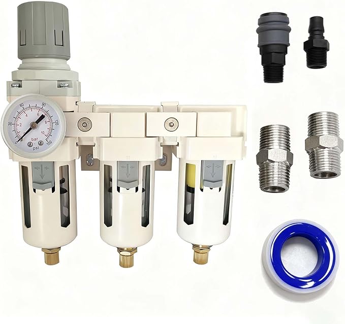 YSIL 3/8''NPT 3 Stage Filter and Regulator with Pressure Gauge Air Drying System with 5 and 0.5 and 0.01 Micron Brass Filter Pressure Regulator Combo Piggyback(Semi-Auto Drain）