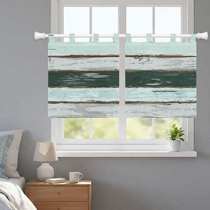 Blue Teal Kitchen Curtains 36 Inch Length, Small Window Curtains Tab Top, Vintage Wooden Retro Art Farmhouse Barns Light Filtering Short Window Treatments Tier Drapes 27.5"x36" 2 Panel