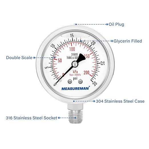 MEASUREMAN Fully Stainless Steel Hydraulic Glycerin Filled Pressure Gauge, 2-1/2" Dial Size,0-30psi/kpa,1/4" NPT Lower Mount