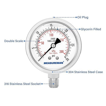 MEASUREMAN Fully Stainless Steel Hydraulic Glycerin Filled Pressure Gauge, 2-1/2" Dial Size,0-30psi/kpa,1/4" NPT Lower Mount