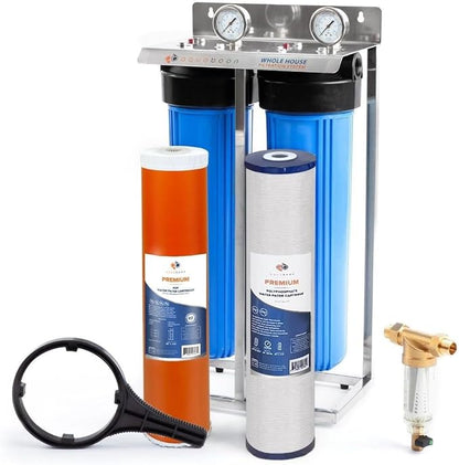 Aquaboon 2-Stage Water Filter System with Prefilter & 20x4.5 Anti-Scale/Sediment, KDF Whole House Filters, Pressure Gauge & Release, Wrench, Freestanding Steel Frame
