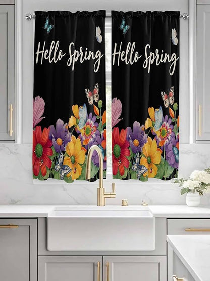 Spring Flowers Living Room Curtains 72 Inches length, Watercolor Country Colorful Floral Black Window Treatment Curtain Drapes, Light Filtering Drapes for Bedroom Laundry Room, 52"x72", 2 Panels
