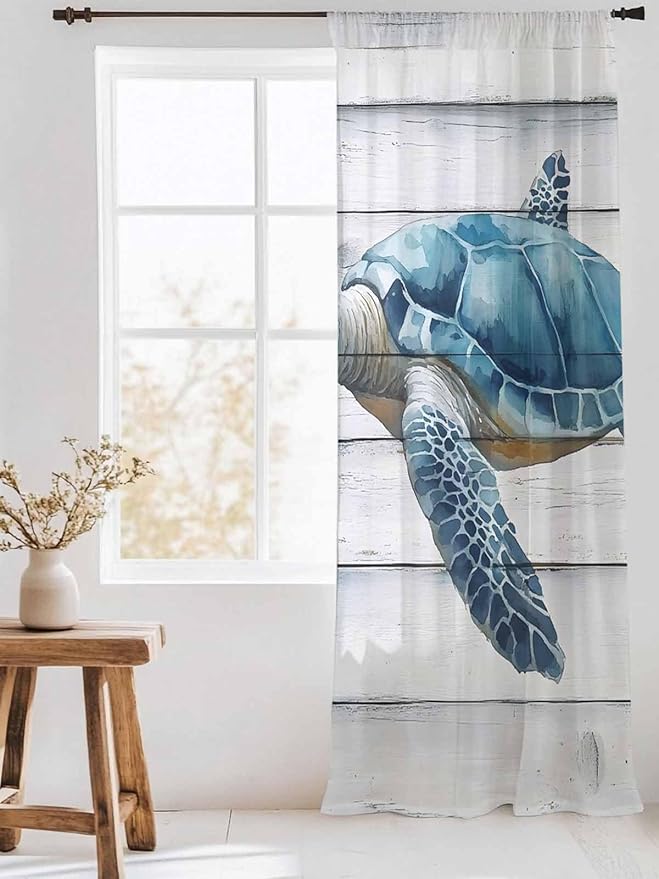 Sheer Curtains 96 Inches Long, Sea Turtle Blue Semi Sheer Curtains Light Filtering Window Treatment, Coastal Ocean Seaweed Wood Grain Privacy Voile Drapes for Living Room Bedroom 52x96 Inch
