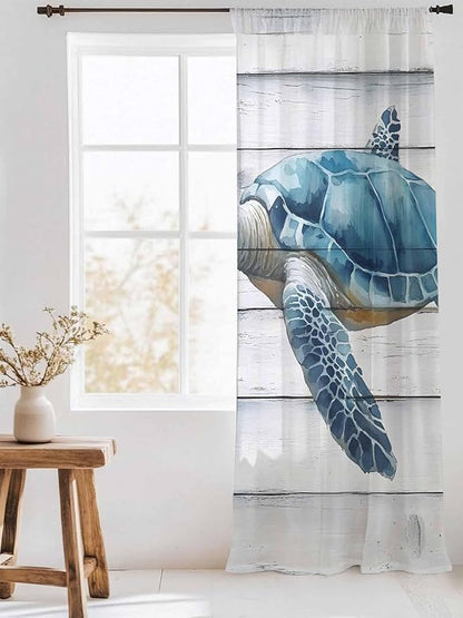 Sheer Curtains 84 Inches Long, Sea Turtle Blue Semi Sheer Curtains Light Filtering Window Treatment, Coastal Ocean Seaweed Wood Grain Privacy Voile Drapes for Living Room Bedroom 52x84 Inch