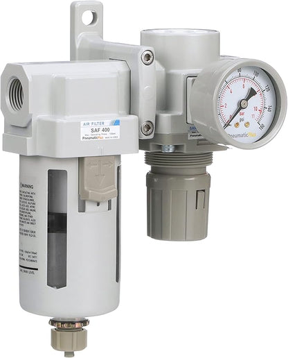 PneumaticPlus SAU420-N06G Compressed Air Filter Regulator Combo 3/4" NPT - Poly Bowl, Manual Drain, Bracket, Gauge