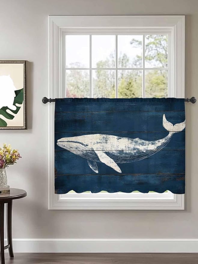 Sheer Curtains 45 Inch Length, Summer Whale Semi Sheer Curtains Light Filtering Window Treatment, Ocean Vintage Wooden Grain Blue Privacy Voile Drapes for Living Room Bedroom 52x45 Inch