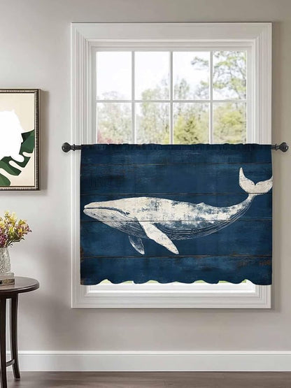Sheer Curtains 45 Inch Length, Summer Whale Semi Sheer Curtains Light Filtering Window Treatment, Ocean Vintage Wooden Grain Blue Privacy Voile Drapes for Living Room Bedroom 52x45 Inch