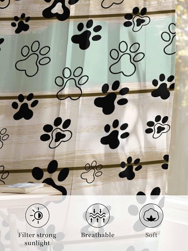 Sheer Curtains 96 Inches Long, Sage Green Beige Farmhouse Semi Sheer Curtains Light Filtering Window Treatment, Black Dog Paw Vintage Wooden Privacy Voile Drapes for Living Room Bedroom 52x96 Inch