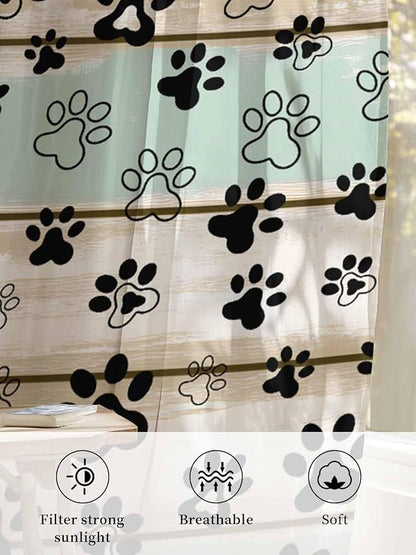 Sheer Curtains 108 Inches Long, Sage Green Beige Farmhouse Semi Sheer Curtains Light Filtering Window Treatment, Black Dog Paw Vintage Wooden Privacy Voile Drapes for Living Room Bedroom 52x108 Inch