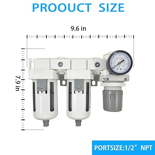 XingNEeng 1/2" NPT Compressed Air Filter Regulator Lubricator (FRL) Combo, Water/Oil Trap Separator, Air Pressure Regulator with Pressure Gauge(0-150 psi), Semi-Auto Drain, Poly Bowl, Metal Bracket
