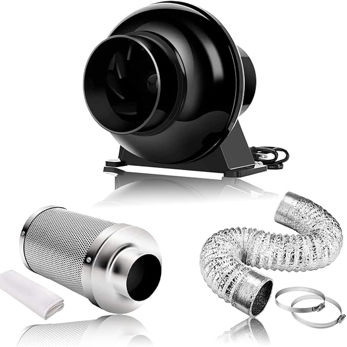 Ventilation Kit, 4 Inch Inline Fan 200 CFM Exhaust Blower, 4 Inch Carbon Fiber Filter Exhaust Fan Combo with 8 Feet Duct for Hydroponic Grow Tents and Basements